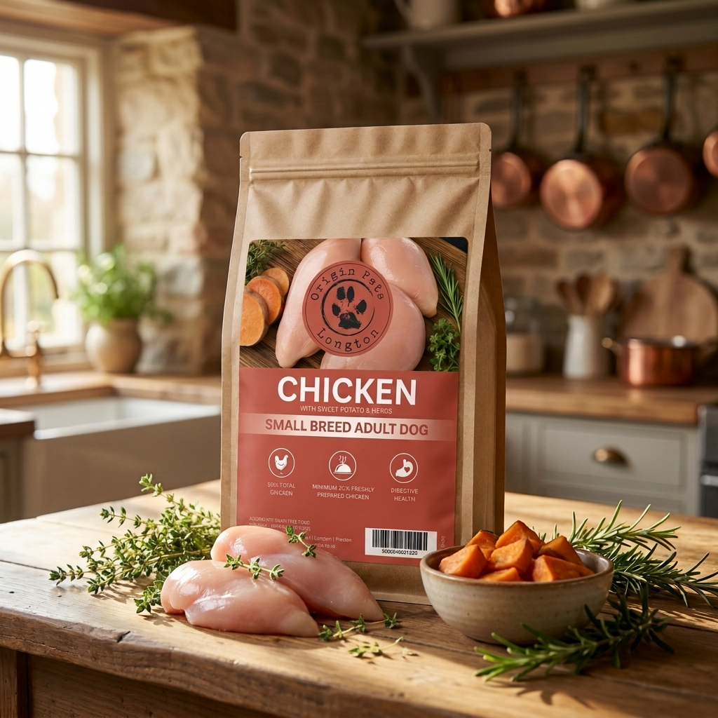 Origin Pets Grain Free Chicken Small Breed dog food pack in a farmhouse kitchen setting with fresh chicken