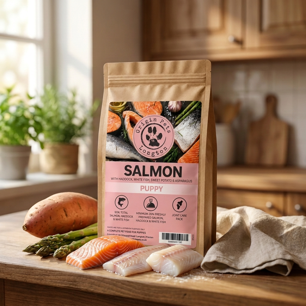 Origin Pets Salmon with Haddock, White Fish, Sweet Potato & Asparagus Puppy food pack with raw salmon, haddock, white fish, sweet potato and asparagus on a rustic wooden countertop