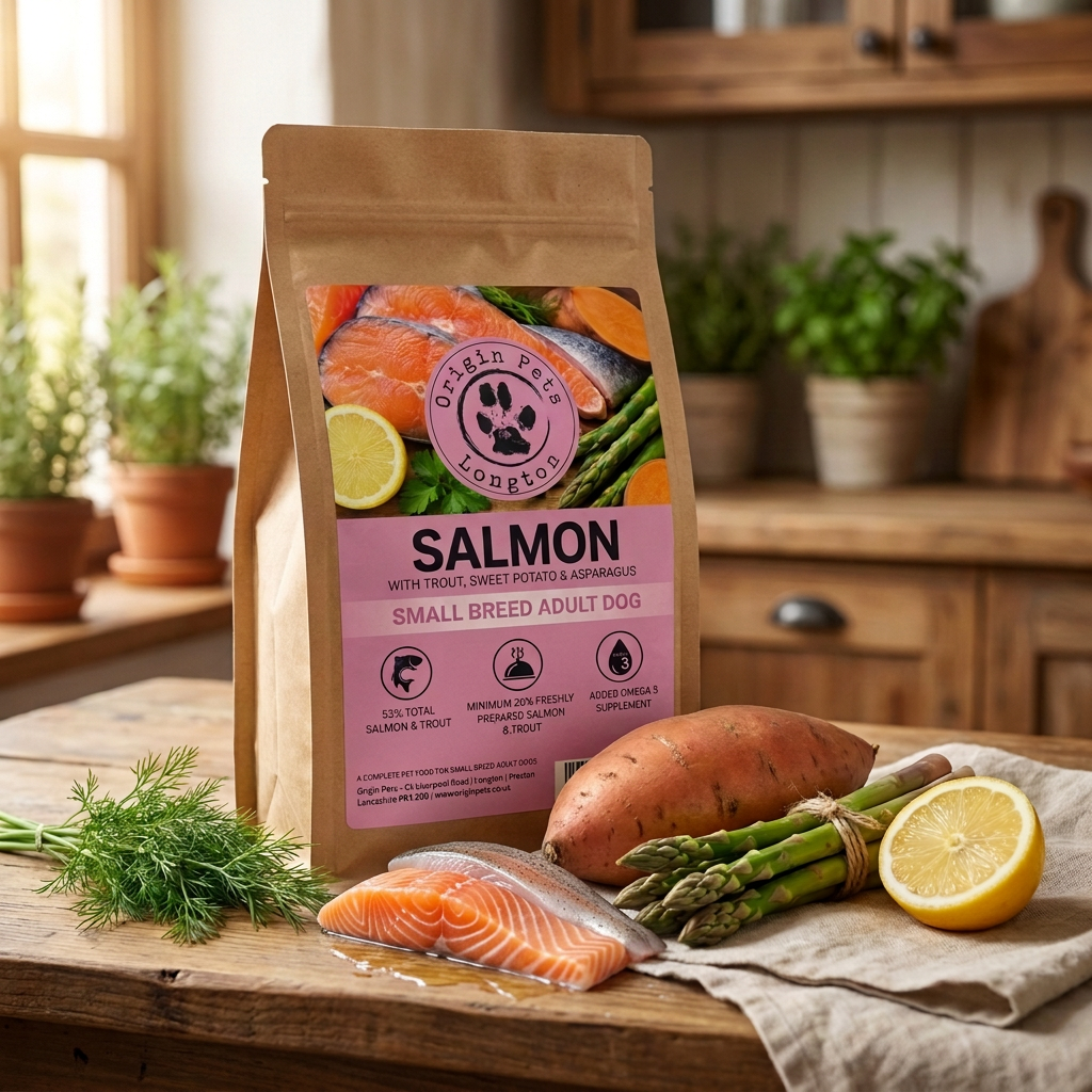 Origin Pets Salmon with Trout, Sweet Potato & Asparagus Small Breed Adult dog food pack with raw salmon, trout, sweet potato and asparagus on a rustic wooden countertop