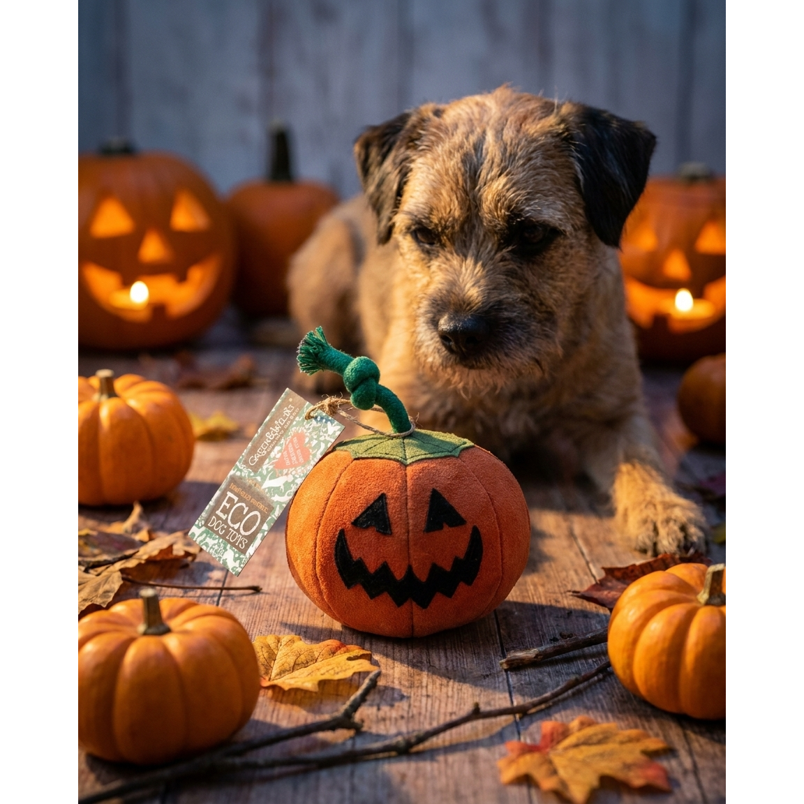 Green & Wild's Patch the Pumpkin eco dog toy, spooky Halloween lifestyle scene with border terrier
