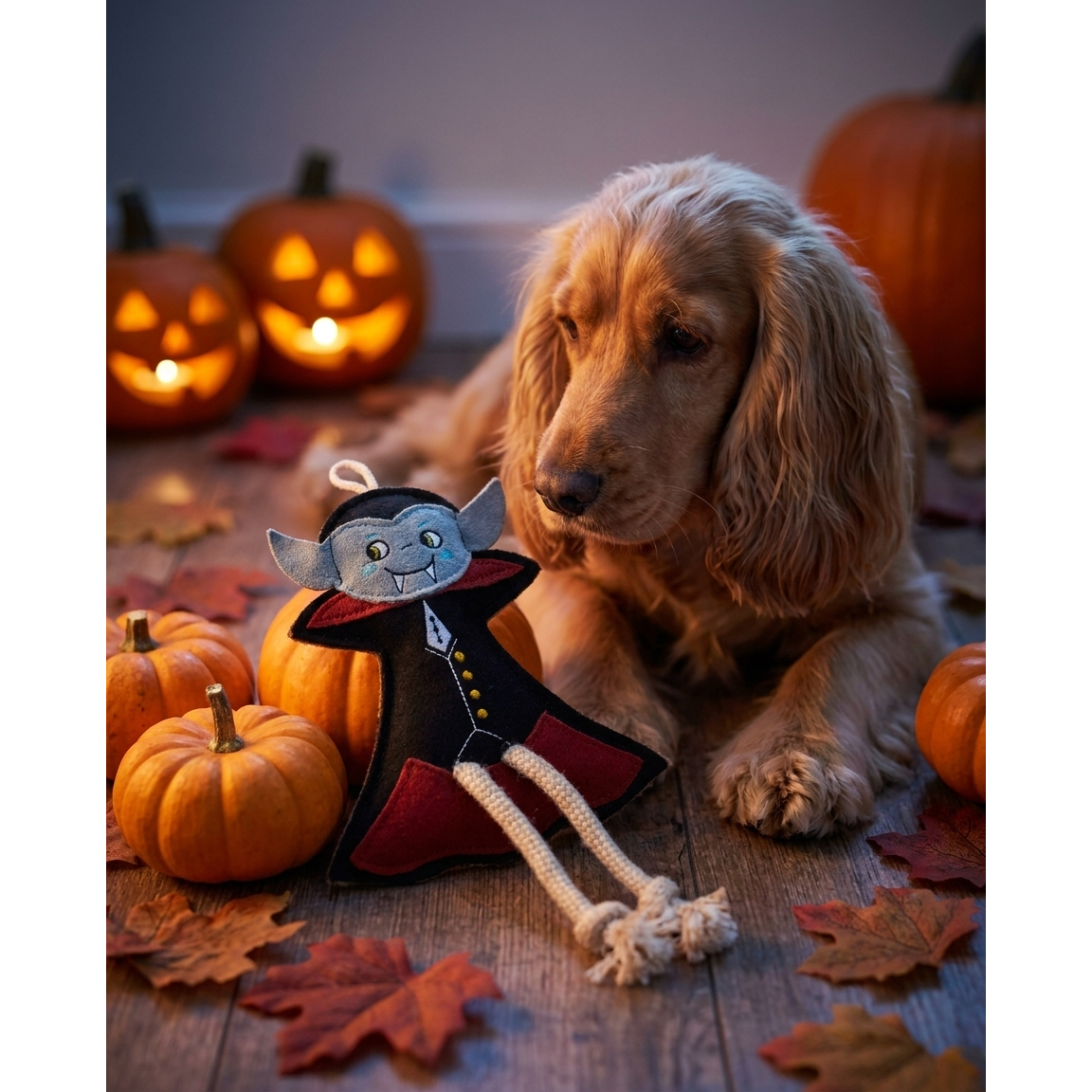 Green & Wild's Vlad the Vamp eco dog toy, spooky Halloween lifestyle scene with Cocker Spaniel